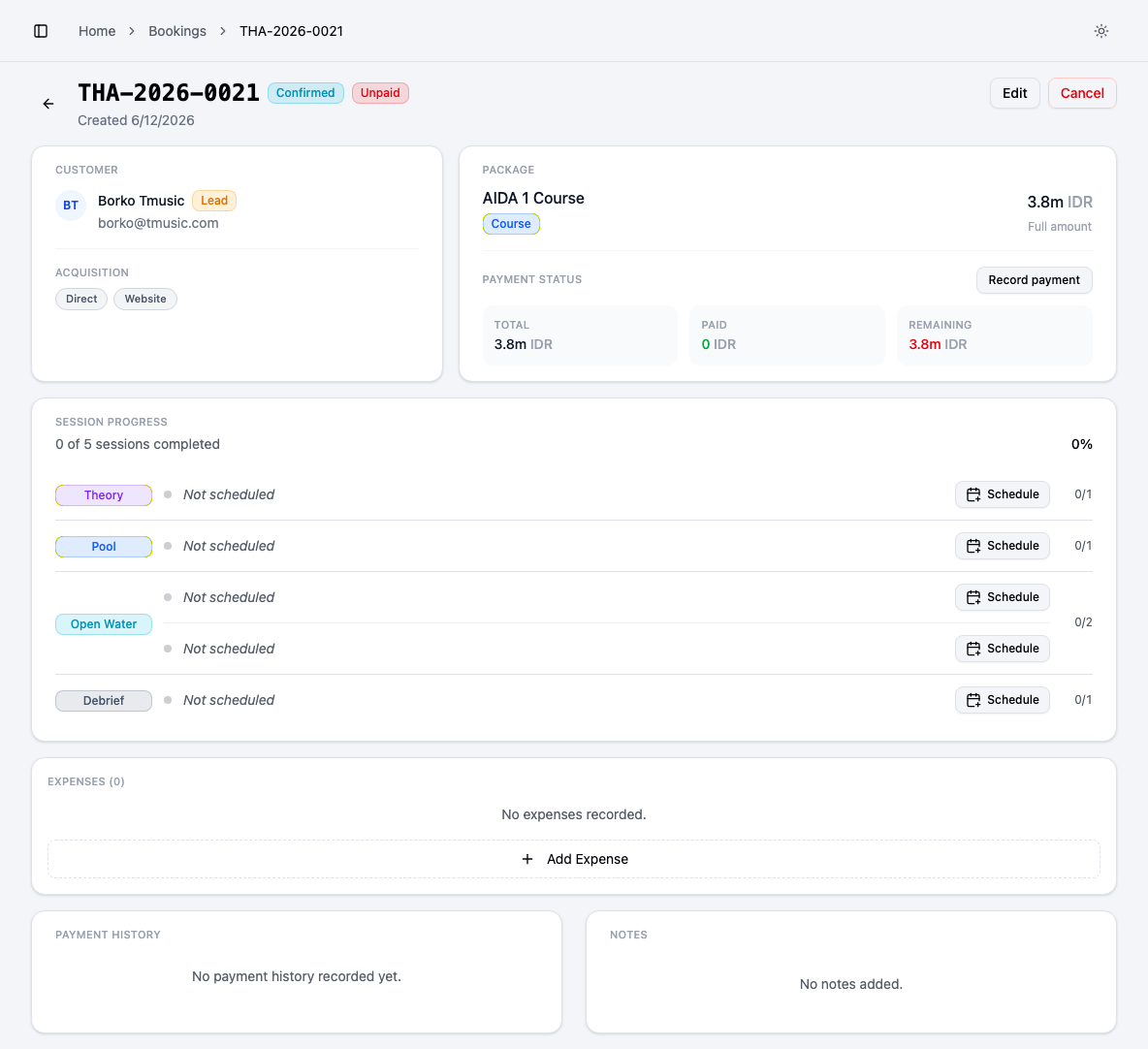 Booking detail view in Thalassa